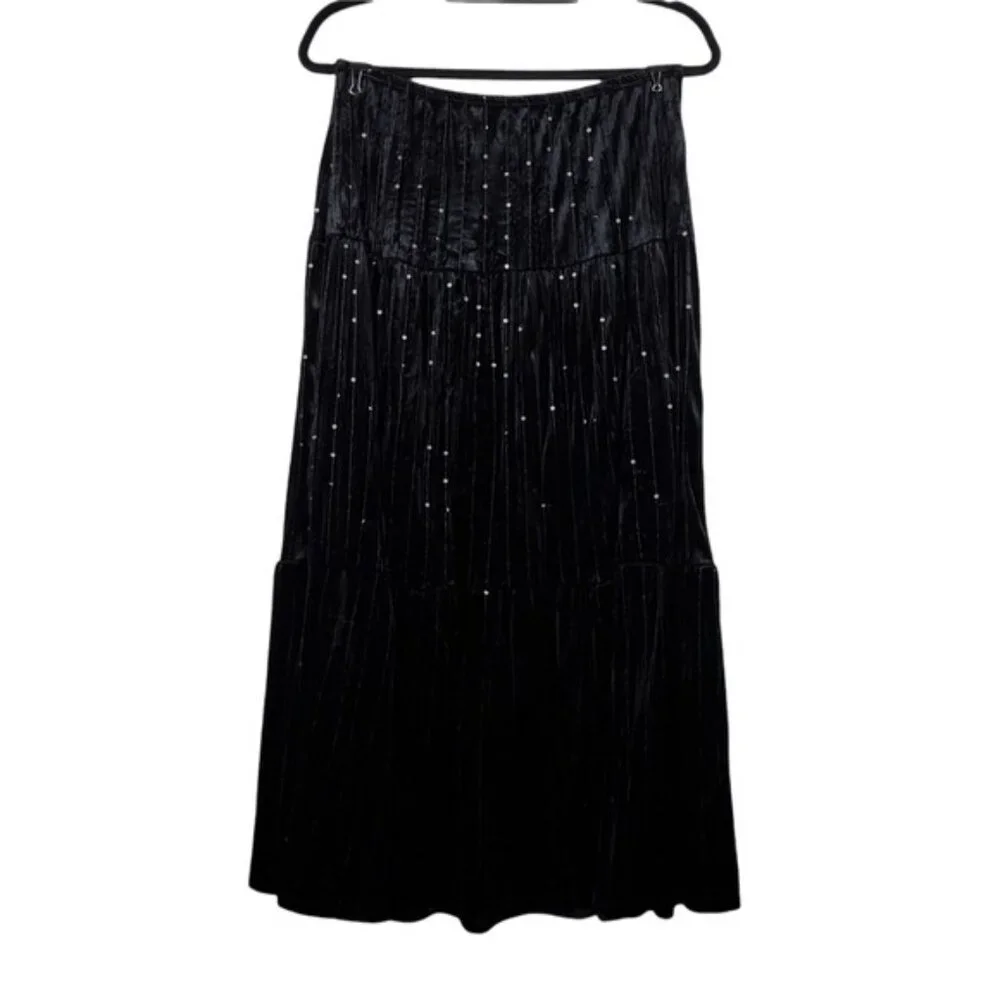 Choices Womens Black Velvet Velour Sequin Tiered Pull-On Maxi Skirt Size M - Picture 1 of 4